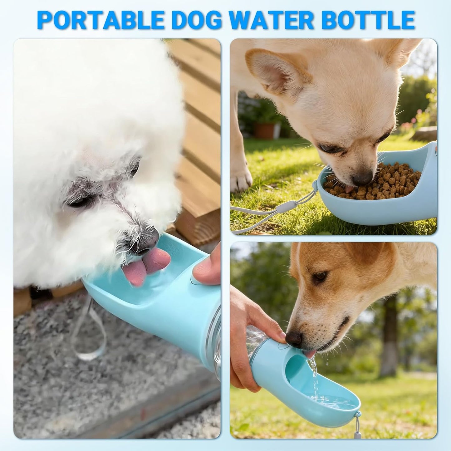 Portable Dog Water Bottle - 4-In-1 Pet Water Bottle with Food Container, Built-In Bowl and Waste Bag Storage, 400 Ml & 150 G Capacity, Leakproof Design for Walking and Travel (Blue)