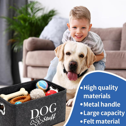 2 PCS Dog Toy Box Basket, Foldable Cat Toy Boxs Stuff Storage Baskets with Metal Handle Large Felt Storage Box for Pet Toys Clothes Accessory (38X27X25Cm)