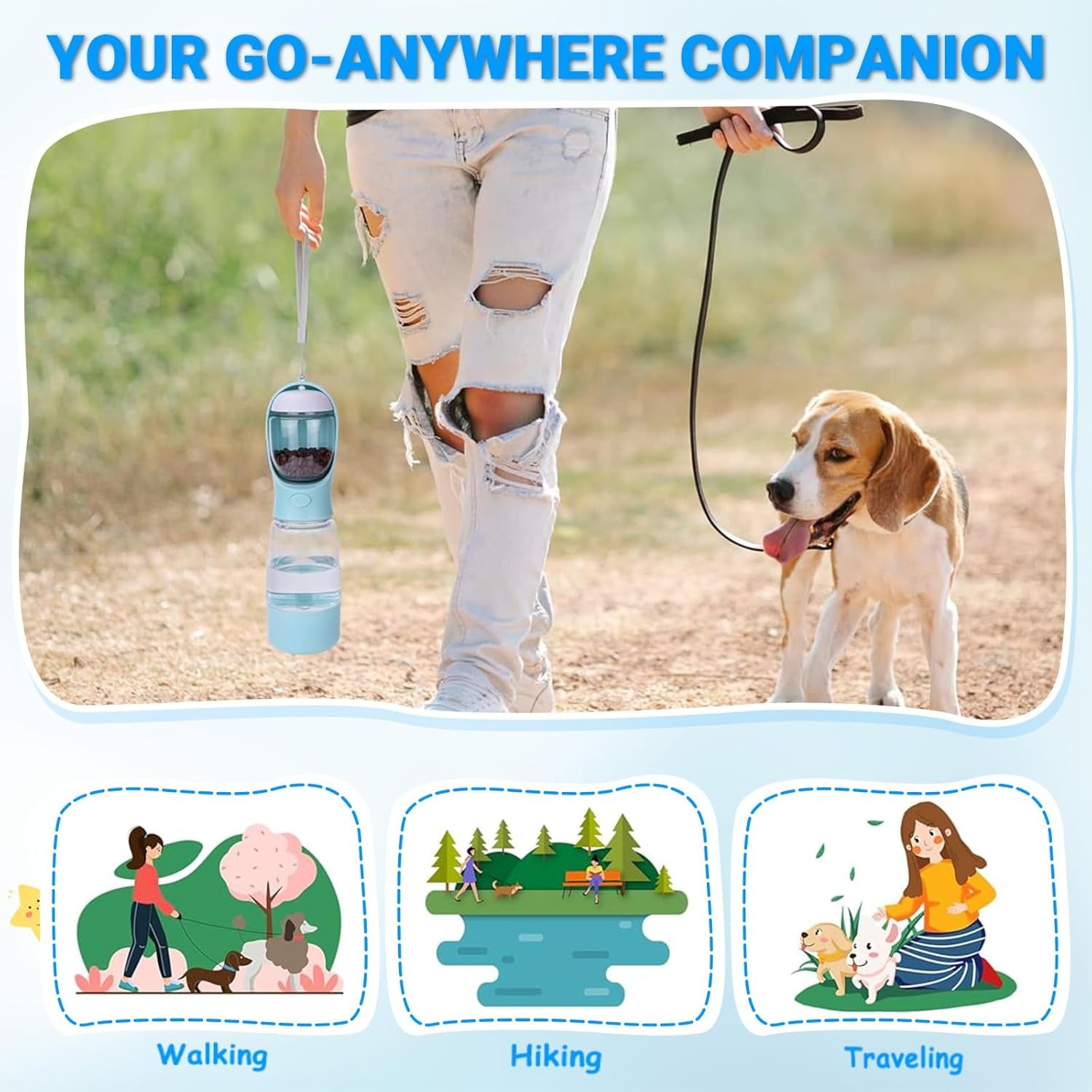 Portable Dog Water Bottle - 4-In-1 Pet Water Bottle with Food Container, Built-In Bowl and Waste Bag Storage, 400 Ml & 150 G Capacity, Leakproof Design for Walking and Travel (Blue)