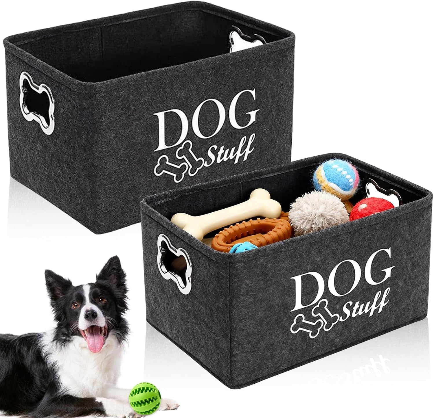 2 PCS Dog Toy Box Basket, Foldable Cat Toy Boxs Stuff Storage Baskets with Metal Handle Large Felt Storage Box for Pet Toys Clothes Accessory (38X27X25Cm)