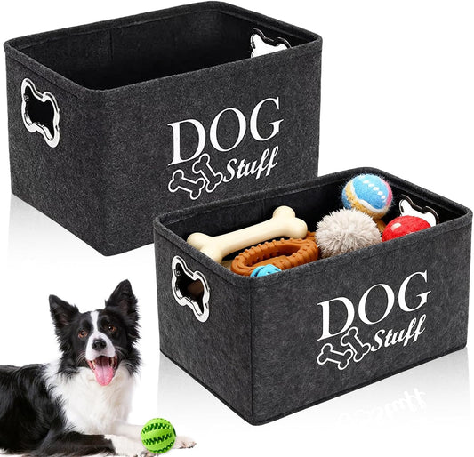 2 PCS Dog Toy Box Basket, Foldable Cat Toy Boxs Stuff Storage Baskets with Metal Handle Large Felt Storage Box for Pet Toys Clothes Accessory (38X27X25Cm)