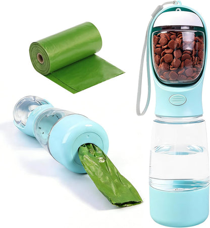 Portable Dog Water Bottle - 4-In-1 Pet Water Bottle with Food Container, Built-In Bowl and Waste Bag Storage, 400 Ml & 150 G Capacity, Leakproof Design for Walking and Travel (Blue)