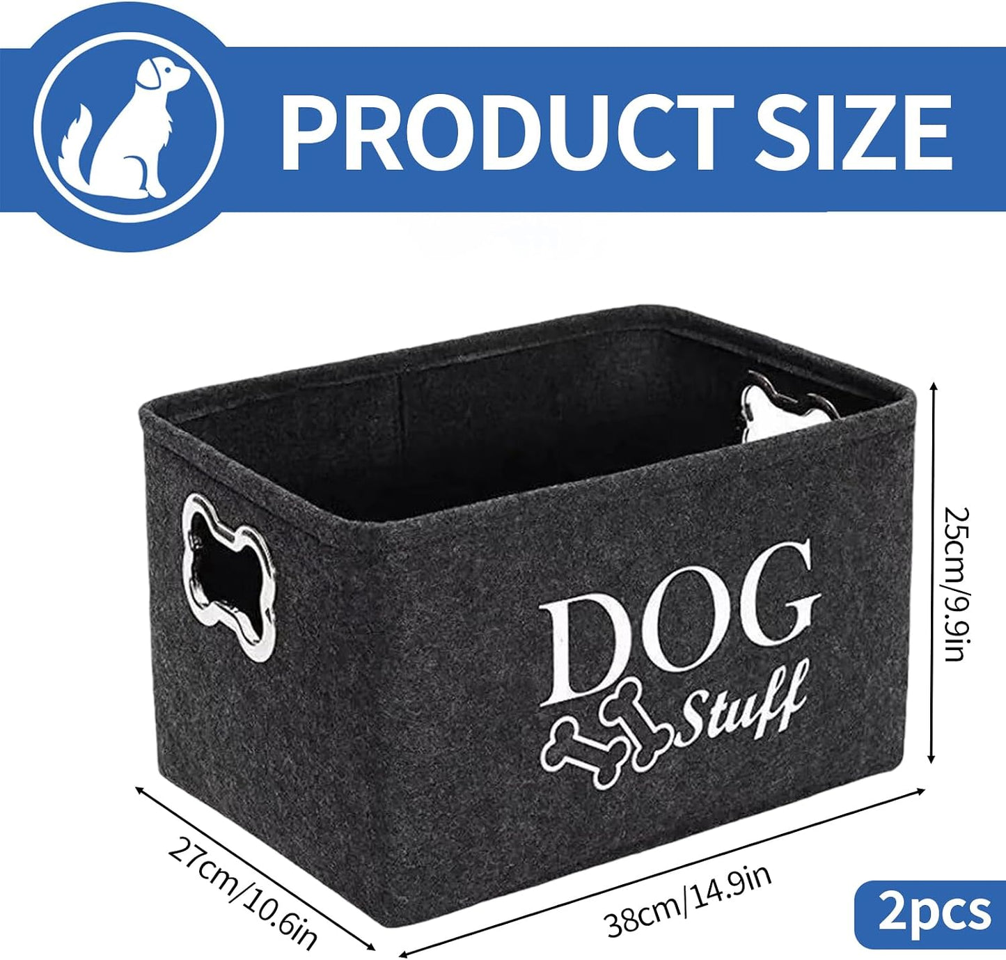 2 PCS Dog Toy Box Basket, Foldable Cat Toy Boxs Stuff Storage Baskets with Metal Handle Large Felt Storage Box for Pet Toys Clothes Accessory (38X27X25Cm)