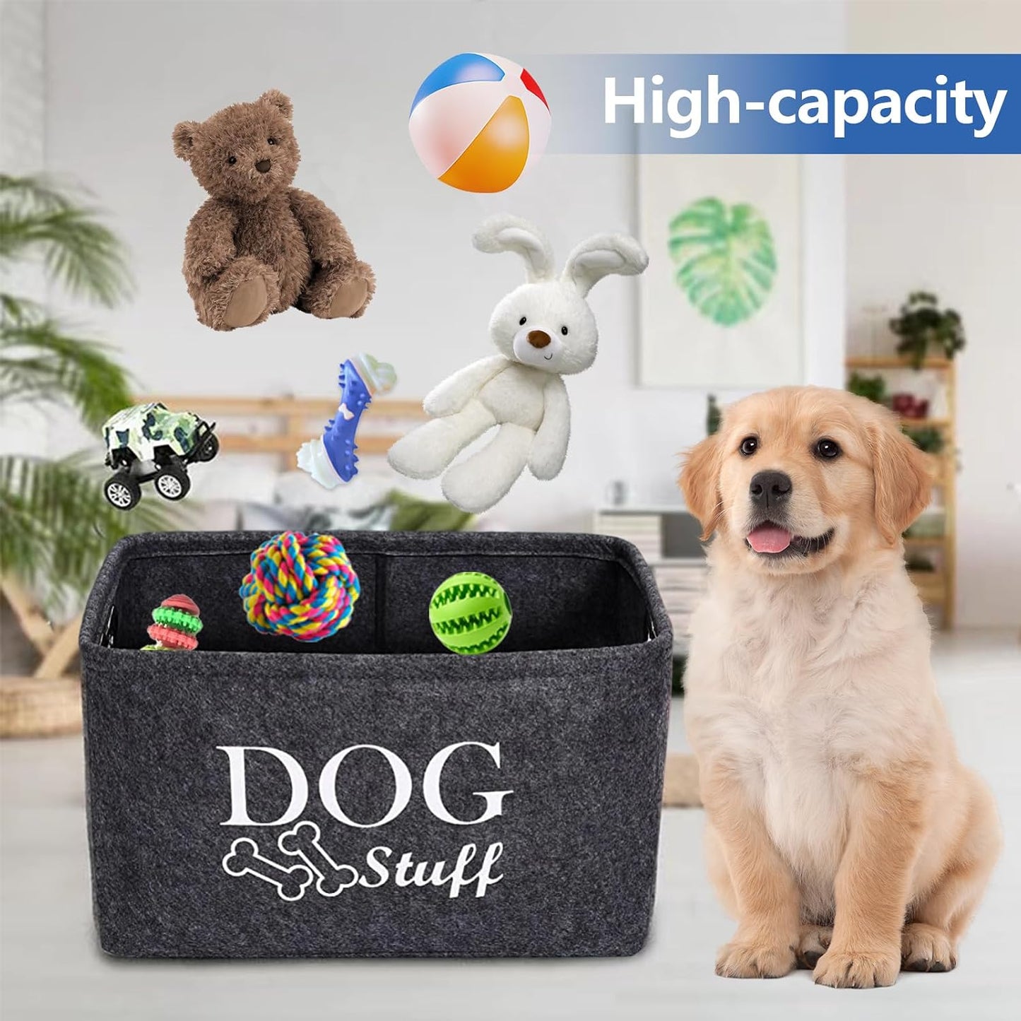 2 PCS Dog Toy Box Basket, Foldable Cat Toy Boxs Stuff Storage Baskets with Metal Handle Large Felt Storage Box for Pet Toys Clothes Accessory (38X27X25Cm)