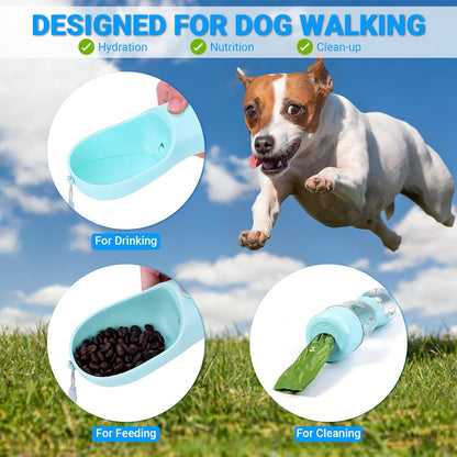 Portable Dog Water Bottle - 4-In-1 Pet Water Bottle with Food Container, Built-In Bowl and Waste Bag Storage, 400 Ml & 150 G Capacity, Leakproof Design for Walking and Travel (Blue)