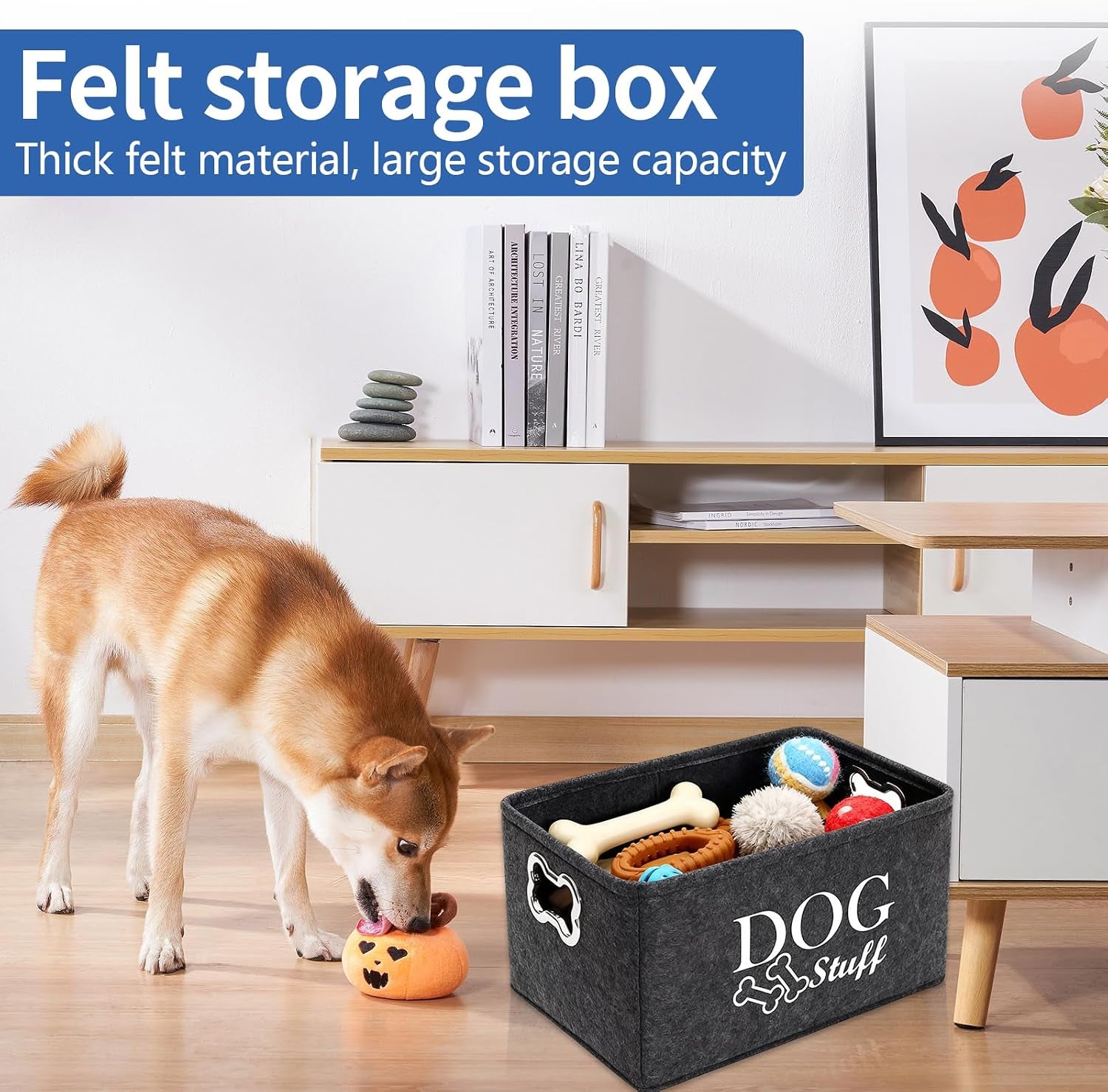 2 PCS Dog Toy Box Basket, Foldable Cat Toy Boxs Stuff Storage Baskets with Metal Handle Large Felt Storage Box for Pet Toys Clothes Accessory (38X27X25Cm)