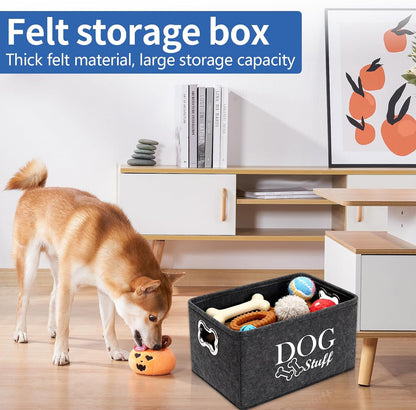 2 PCS Dog Toy Box Basket, Foldable Cat Toy Boxs Stuff Storage Baskets with Metal Handle Large Felt Storage Box for Pet Toys Clothes Accessory (38X27X25Cm)