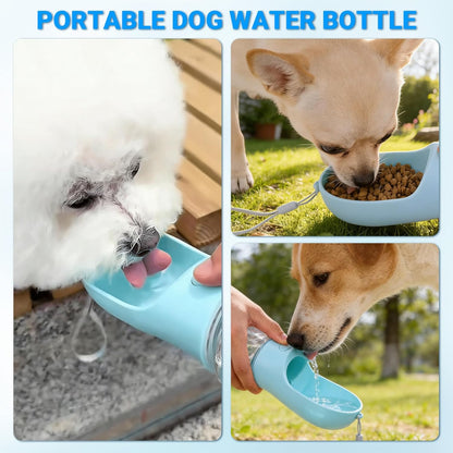 Portable Dog Water Bottle - 4-In-1 Pet Water Bottle with Food Container, Built-In Bowl and Waste Bag Storage, 400 Ml & 150 G Capacity, Leakproof Design for Walking and Travel (Blue)